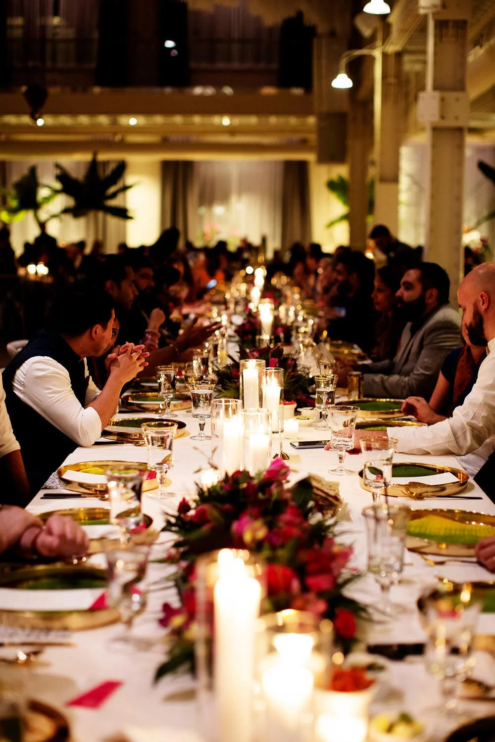 Modern tropical wedding reception dinner at The Machine Shop, Minneapolis, Minnesota - event design by Rocket Science Events, photo by Photogen Inc.