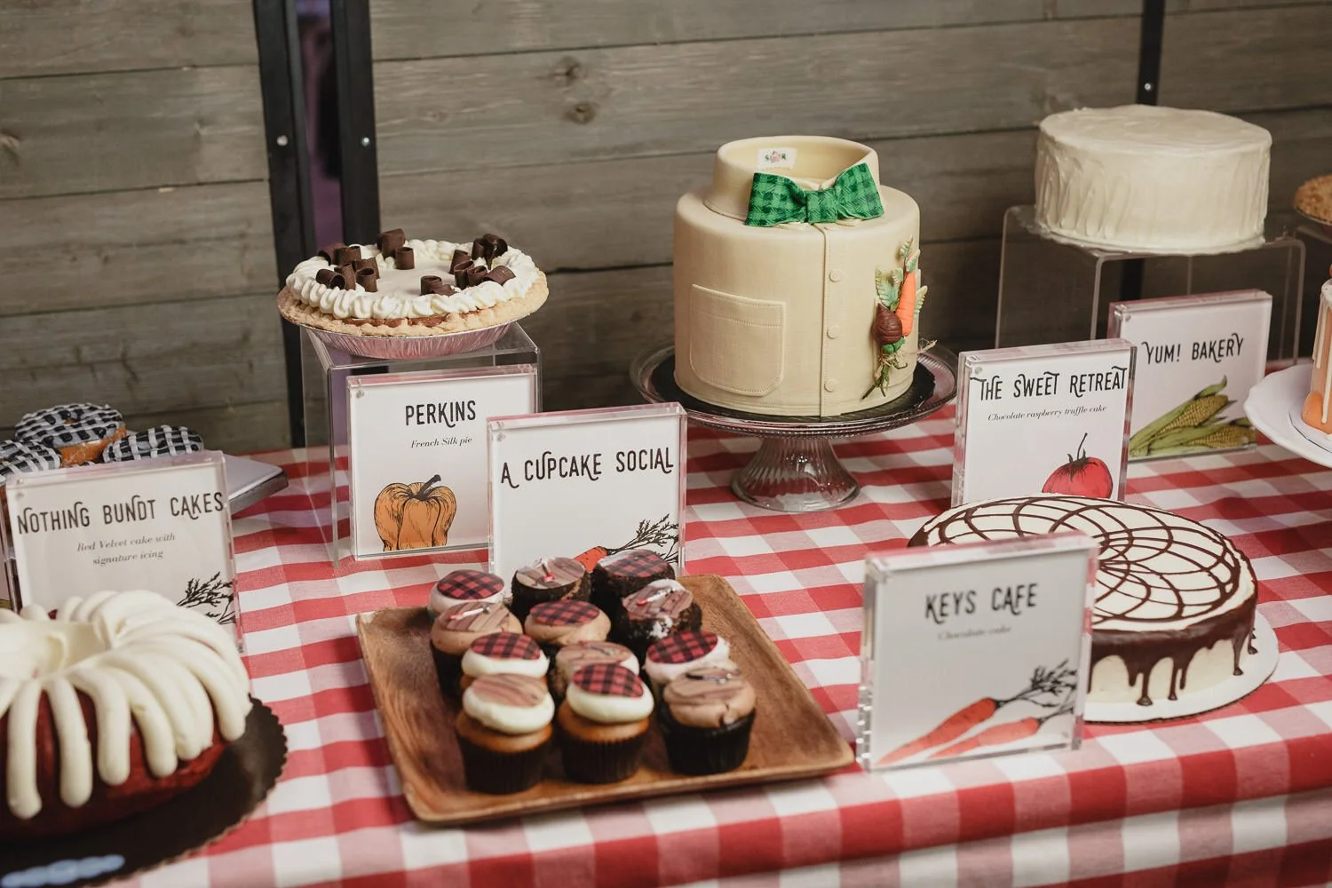 dessert display of cupcakes, cakes and pies for Americana farm themed event