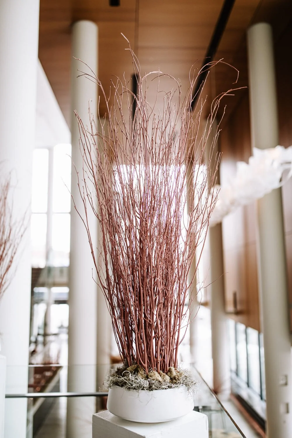 centerpiece of burnt orange twigs and dried moss