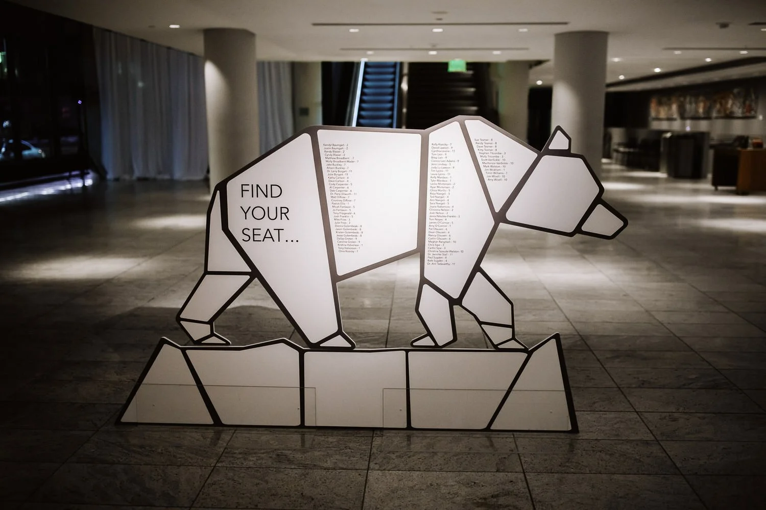 polar bear wedding escort board that says find your seat.