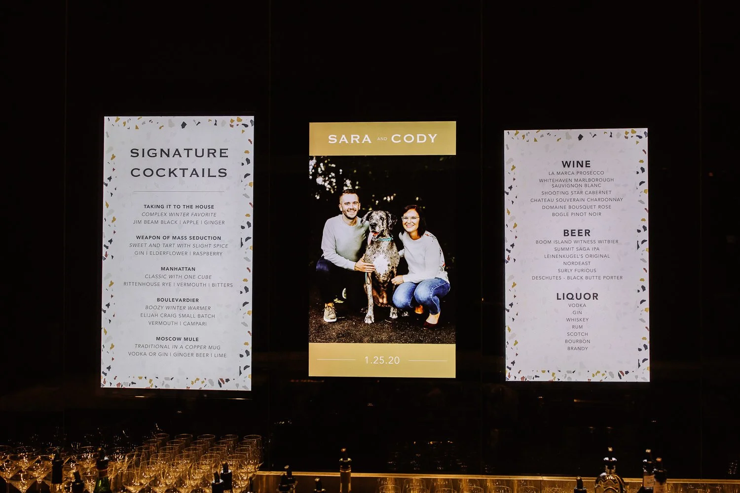signature cocktail and wine menu with modern geometric design