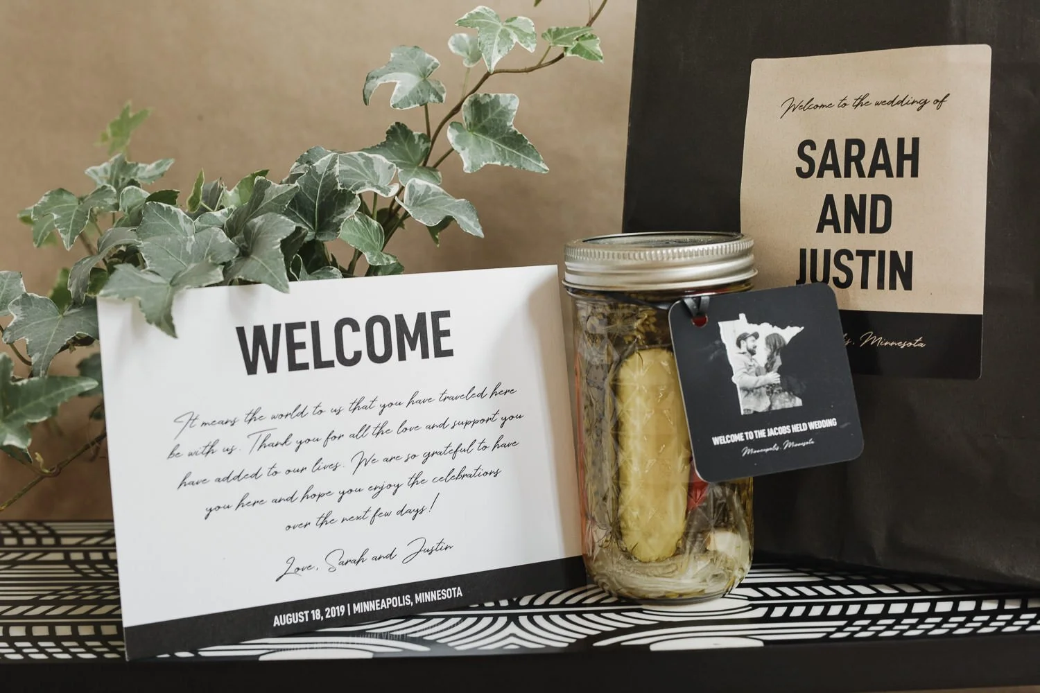 wedding favors of homemade pickles in a glass jar