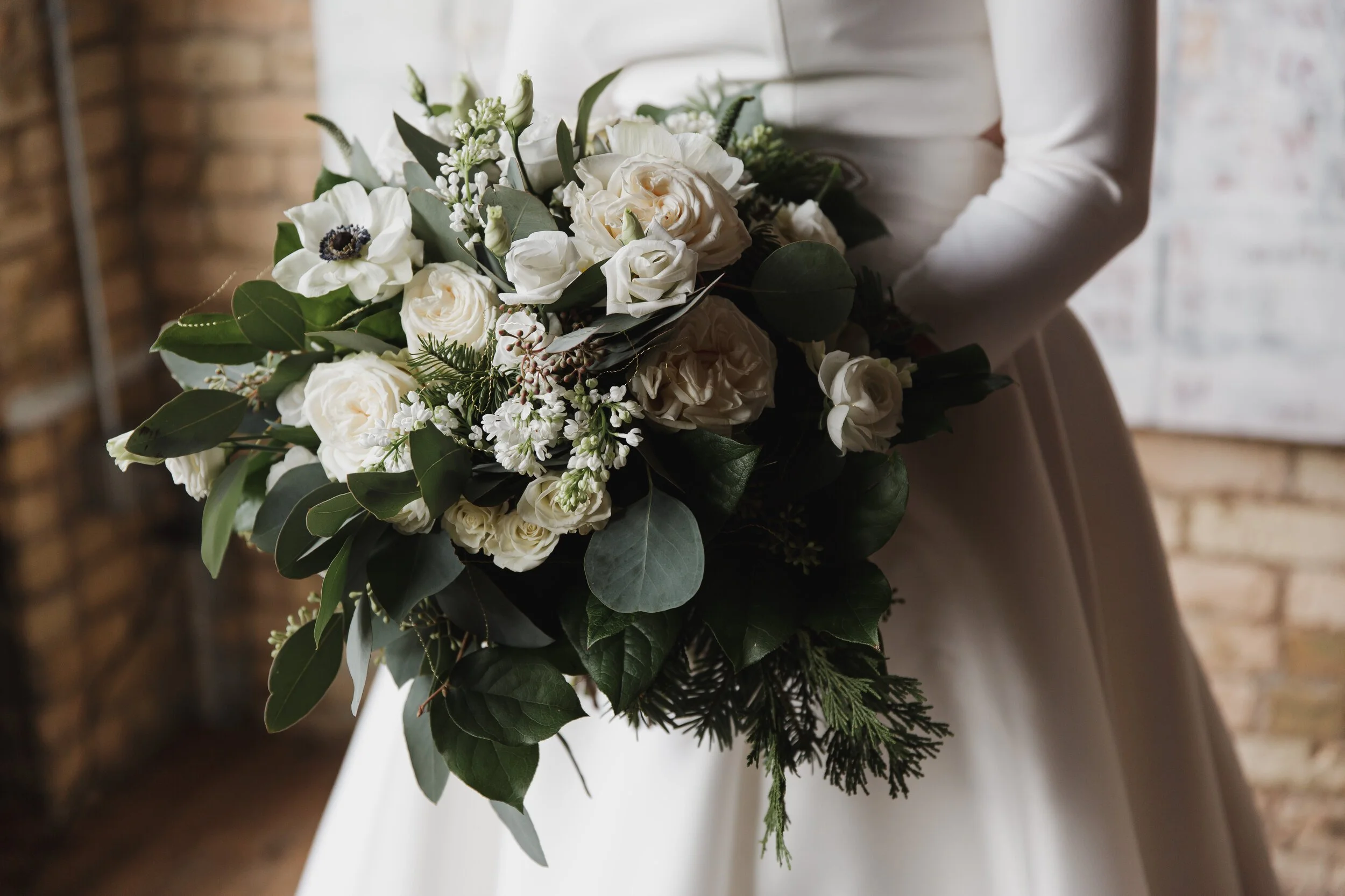 Winter wedding bouquet white and green