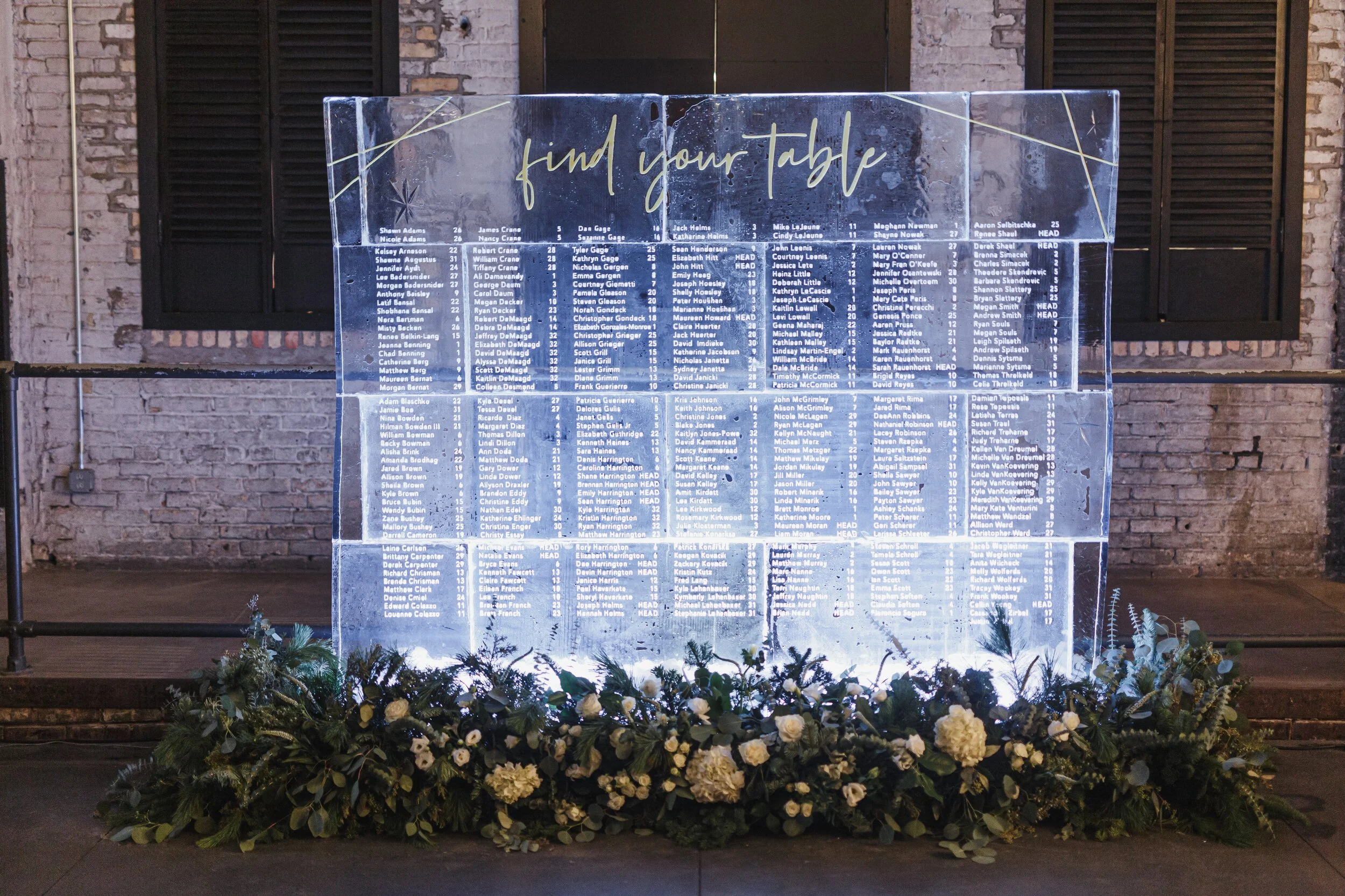 ice sculpture seating chart at wedding