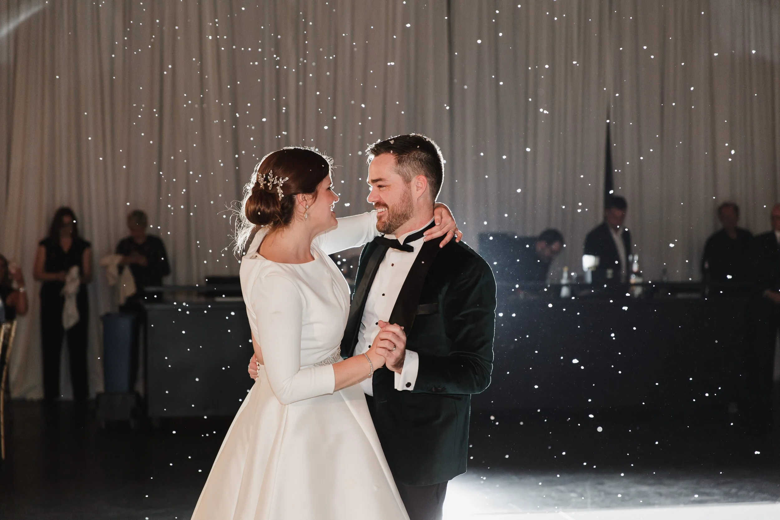 indoor snow at winter wedding