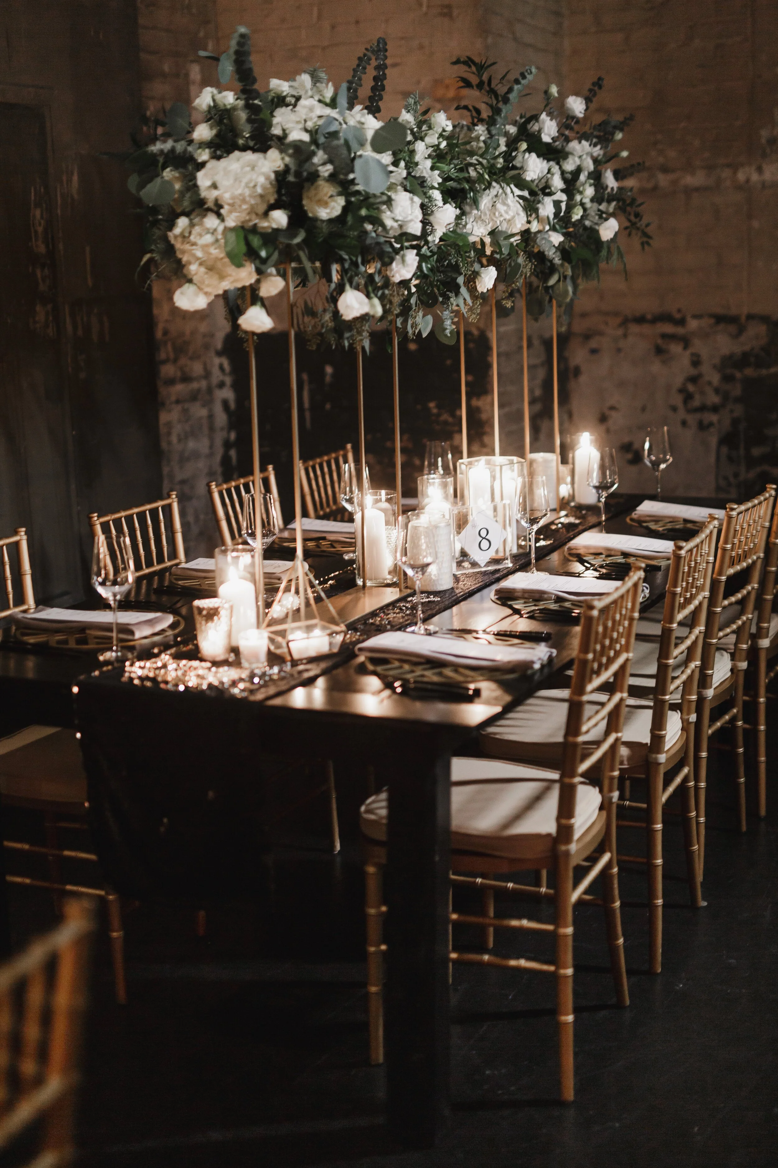 moody winter wedding reception