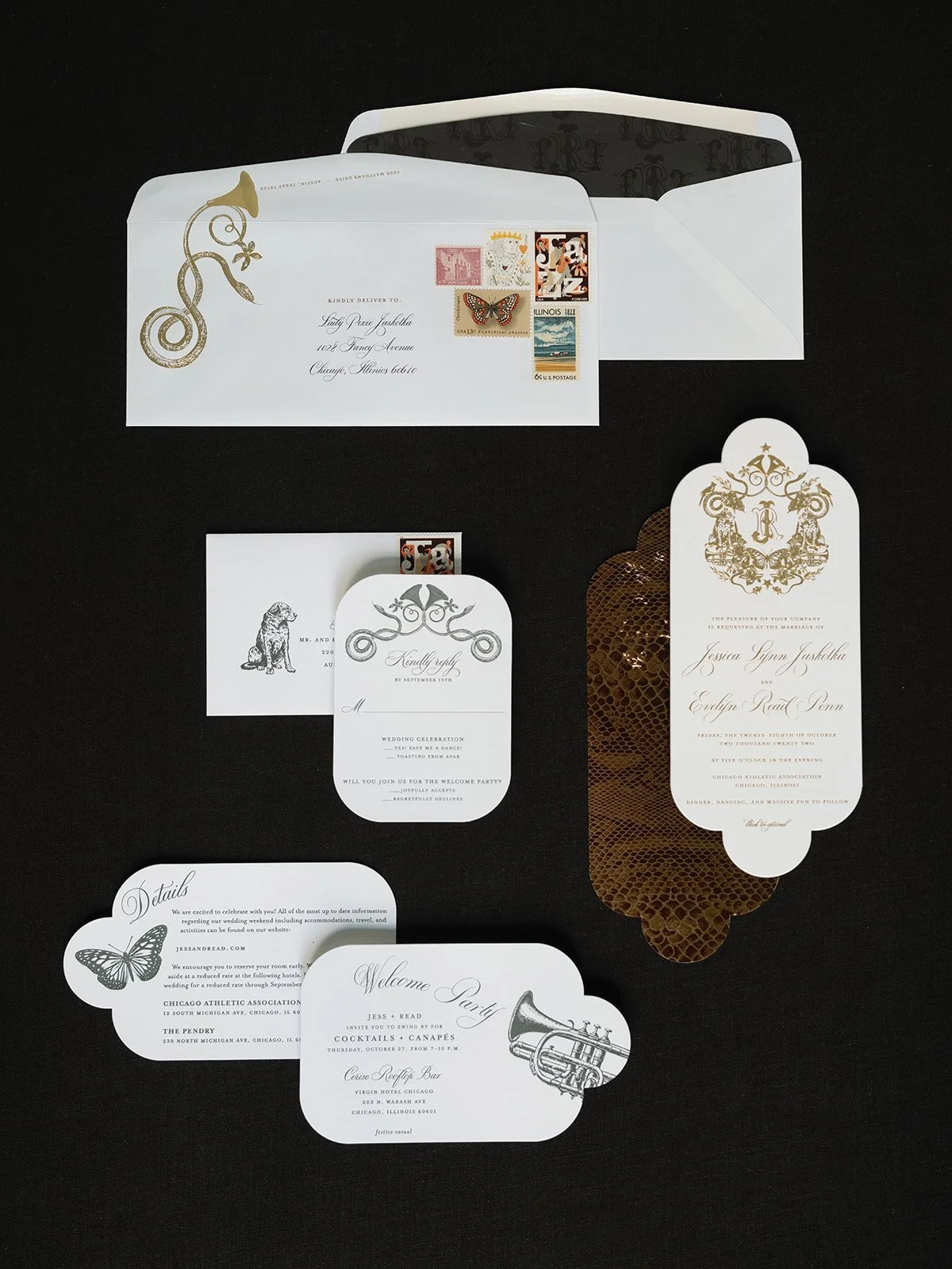 Invitation suite for a Chicago Athletic Association wedding - Rocket Science Events