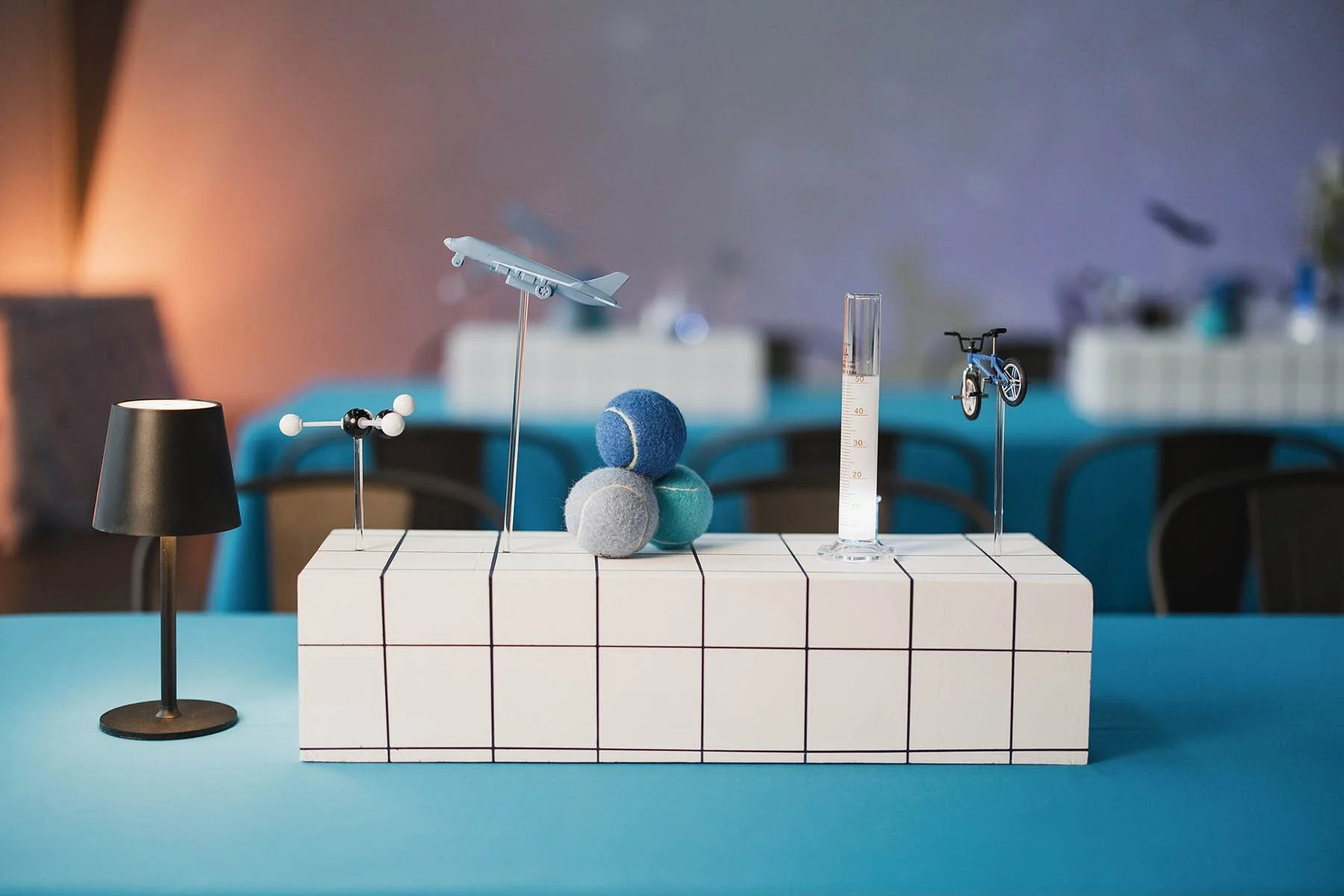 Airplane and science themed centerpiece at Minneapolis Bar Mitzvah planned by Rocket Science Events