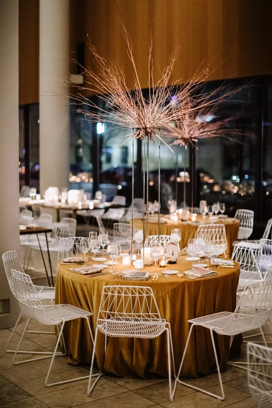 Modern winter wedding reception table decor in Minneapolis, designed by Rocket Science Events