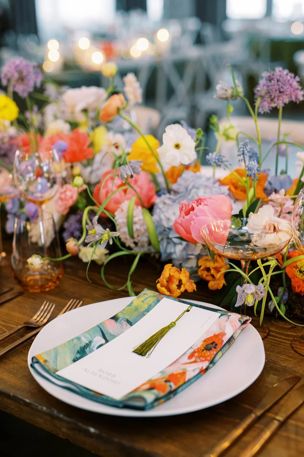 Watercolor wedding reception table setting, designed by Rocket Science Events