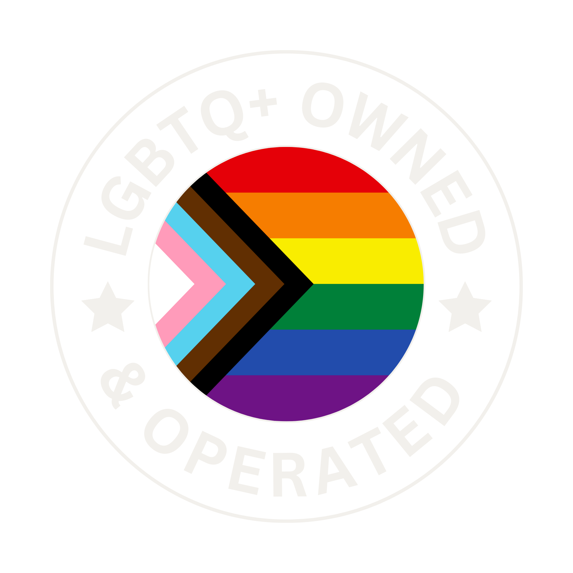 LGBTQ+ Owned and Operated text forming a circle around a circular LGBTQ+pride flag