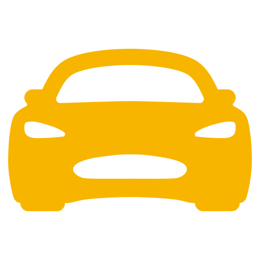 Icon of a front view of a yellow sports car on a black background.