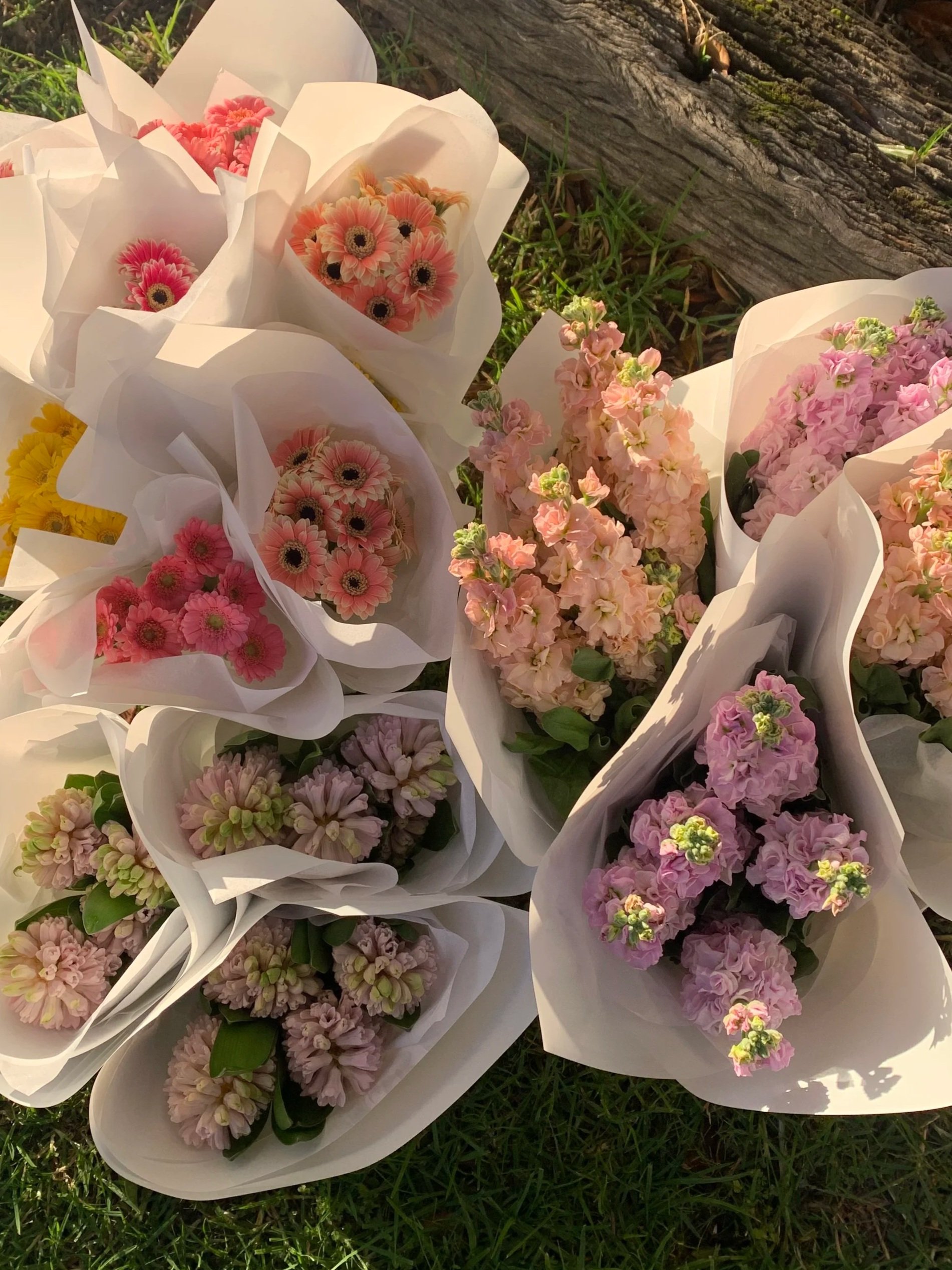 Bouquets of pink, yellow, and orange flowers wrapped in white paper, lying on green grass.