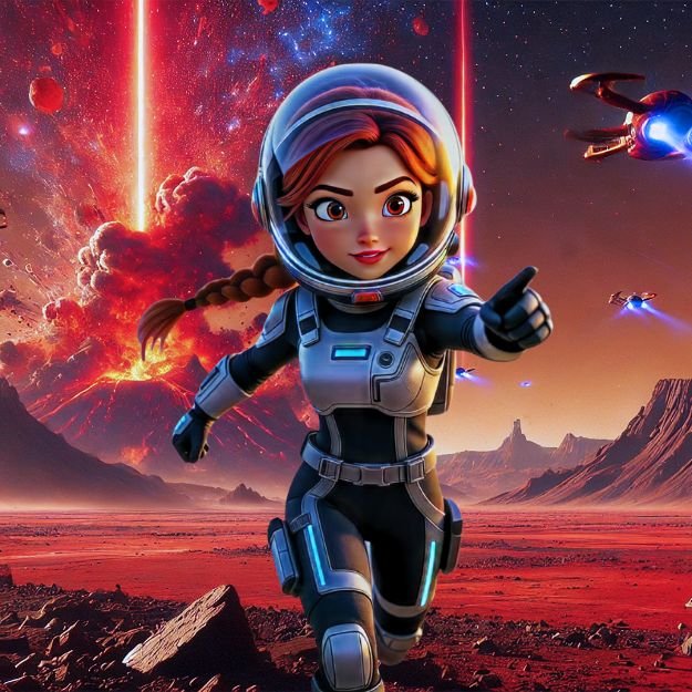 Animated female astronaut running on alien landscape with spaceships and a nebula in the background