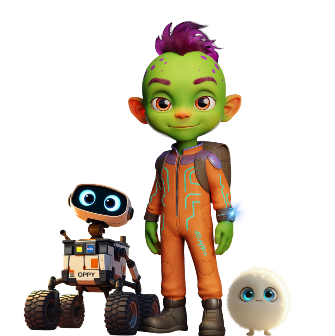 Animated green-skinned boy with purple hair, wearing an orange spacesuit, standing next to a robot and a small furry creature.