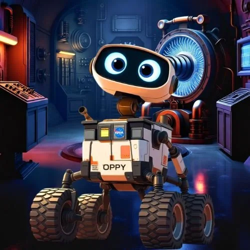 Animated robot with a boxy body and large wheels, set in a high-tech laboratory with glowing machinery.