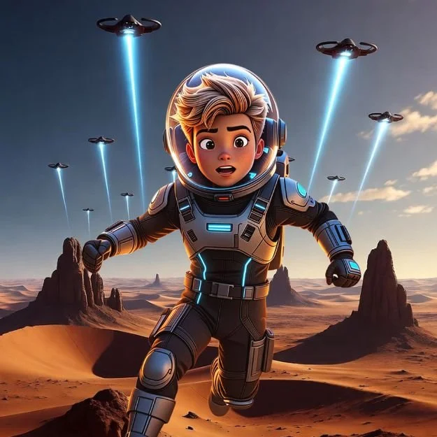 Animated boy in a space suit running on desert landscape with small flying saucers and rocks in the sky.