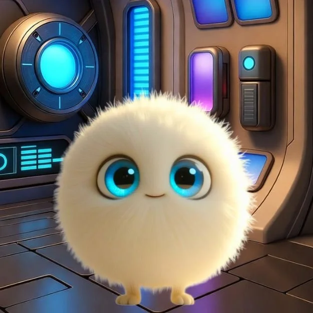 A cute, fluffy, round creature with large blue eyes and a small smile, standing in a futuristic control room with glowing blue and purple panels and high-tech equipment.