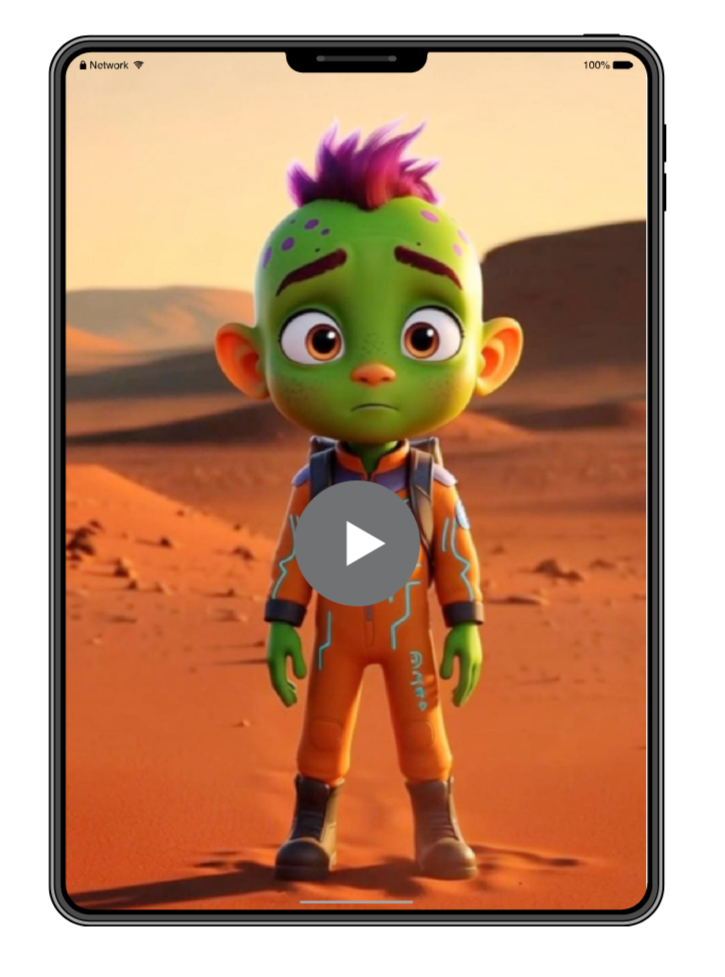 Animated character with green skin, purple mohawk, and orange space suit standing in a desert landscape.