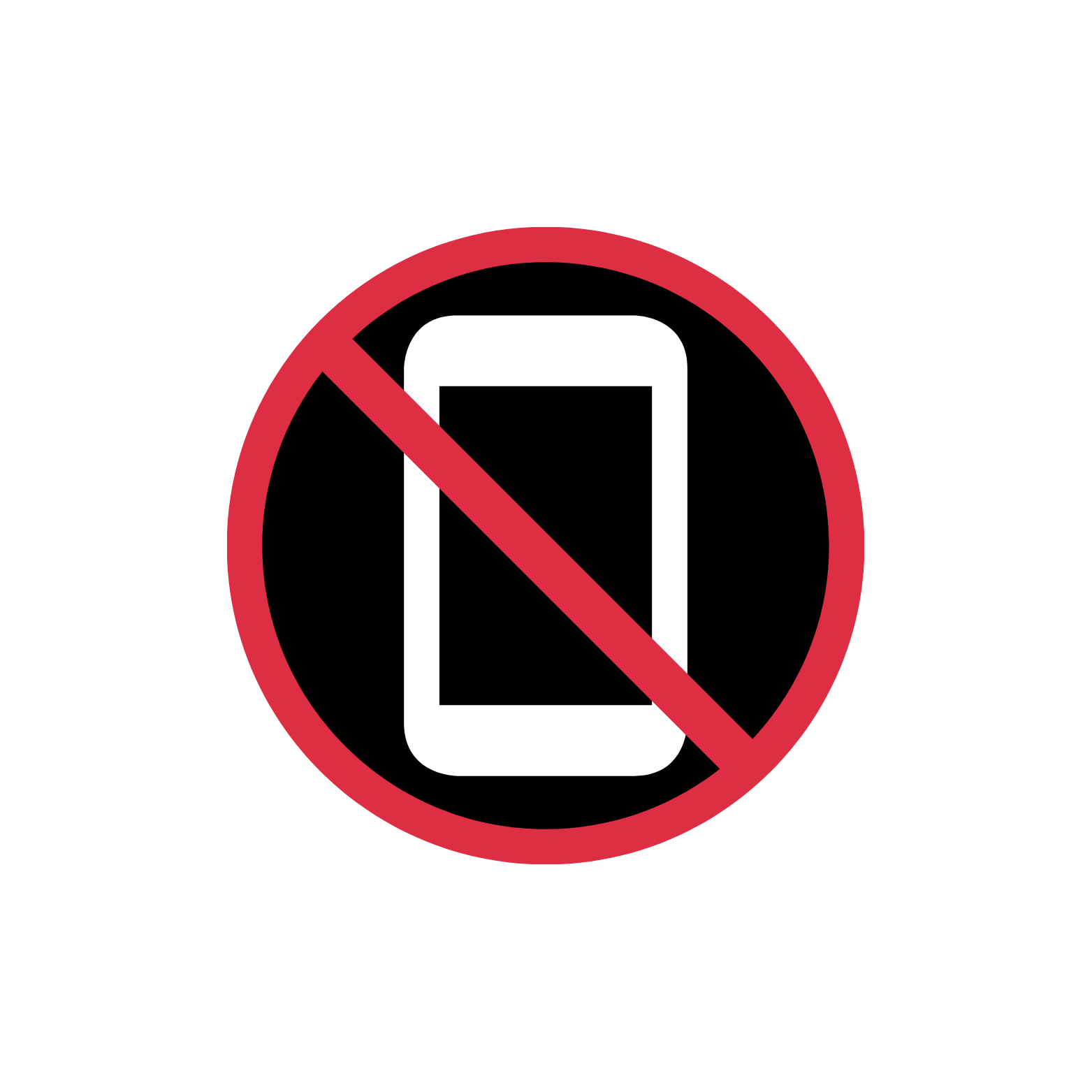 No cell phones allowed sign with a mobile phone inside a red circle with a line through it, on a black background.