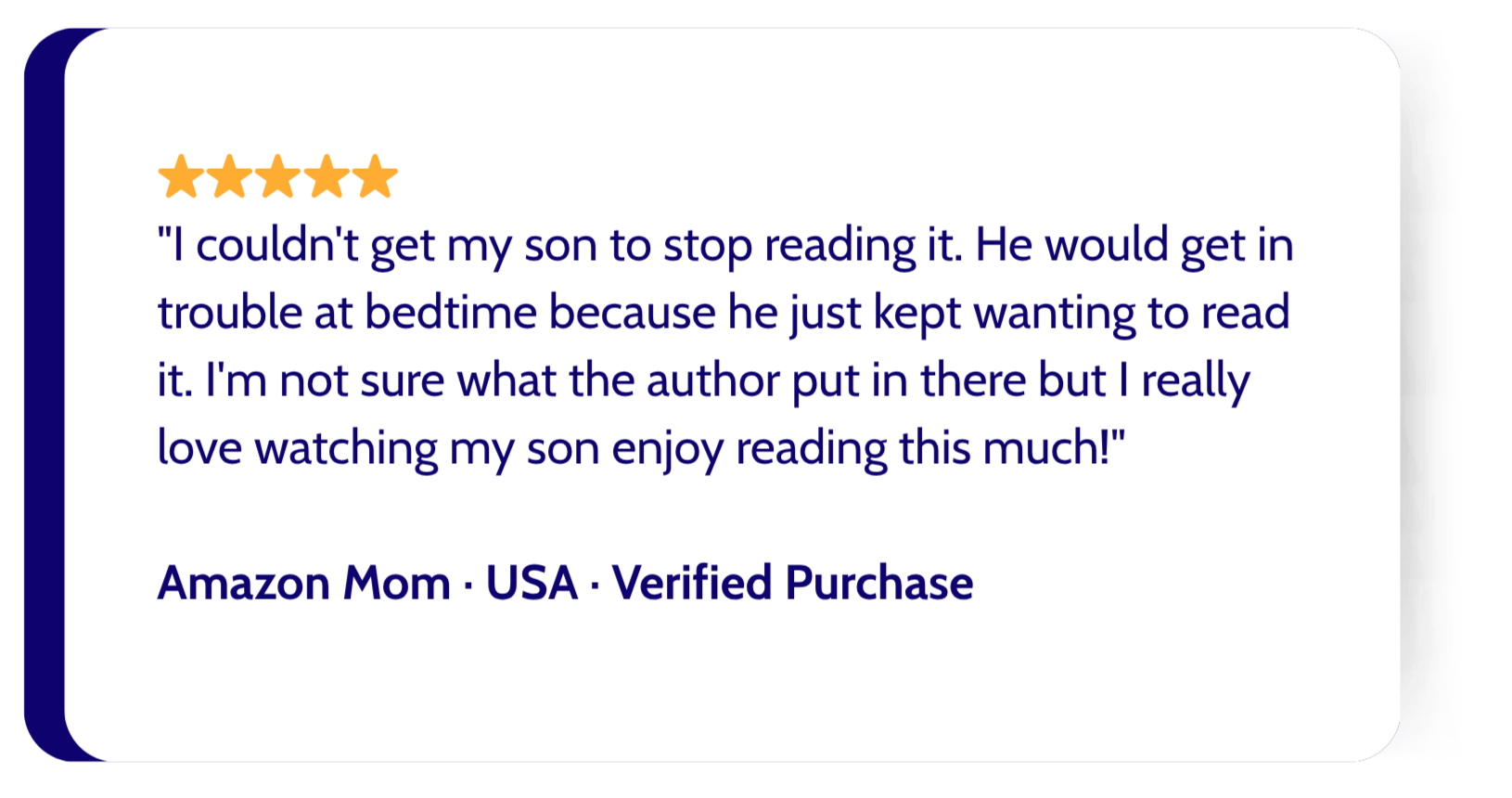 Customer review with five-star rating, expressing satisfaction with a children's book, signed by Amazon Mom, USA, Verified Purchase.