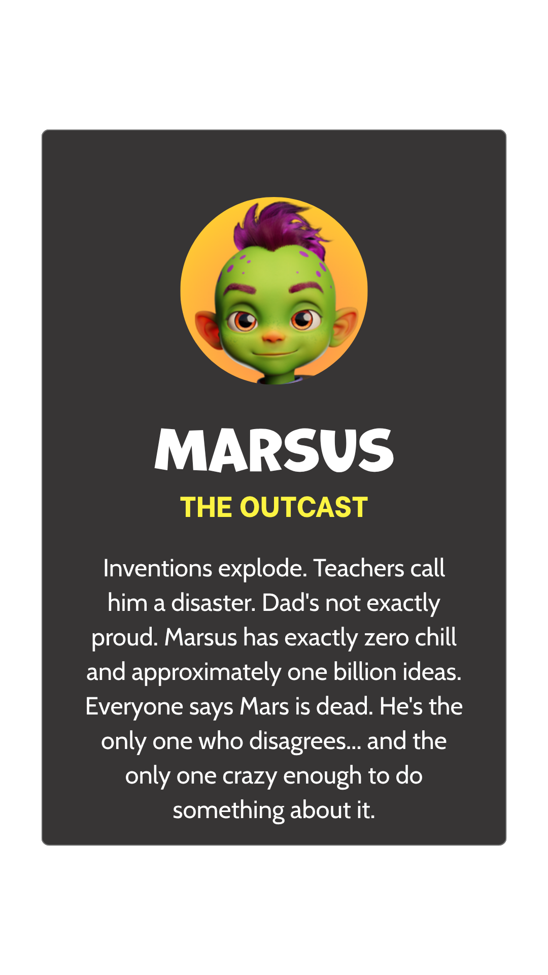 Profile card featuring Marsus, the Outcast, depicted as a green alien with purple hair, alongside a description of his rebellious personality and ideas.