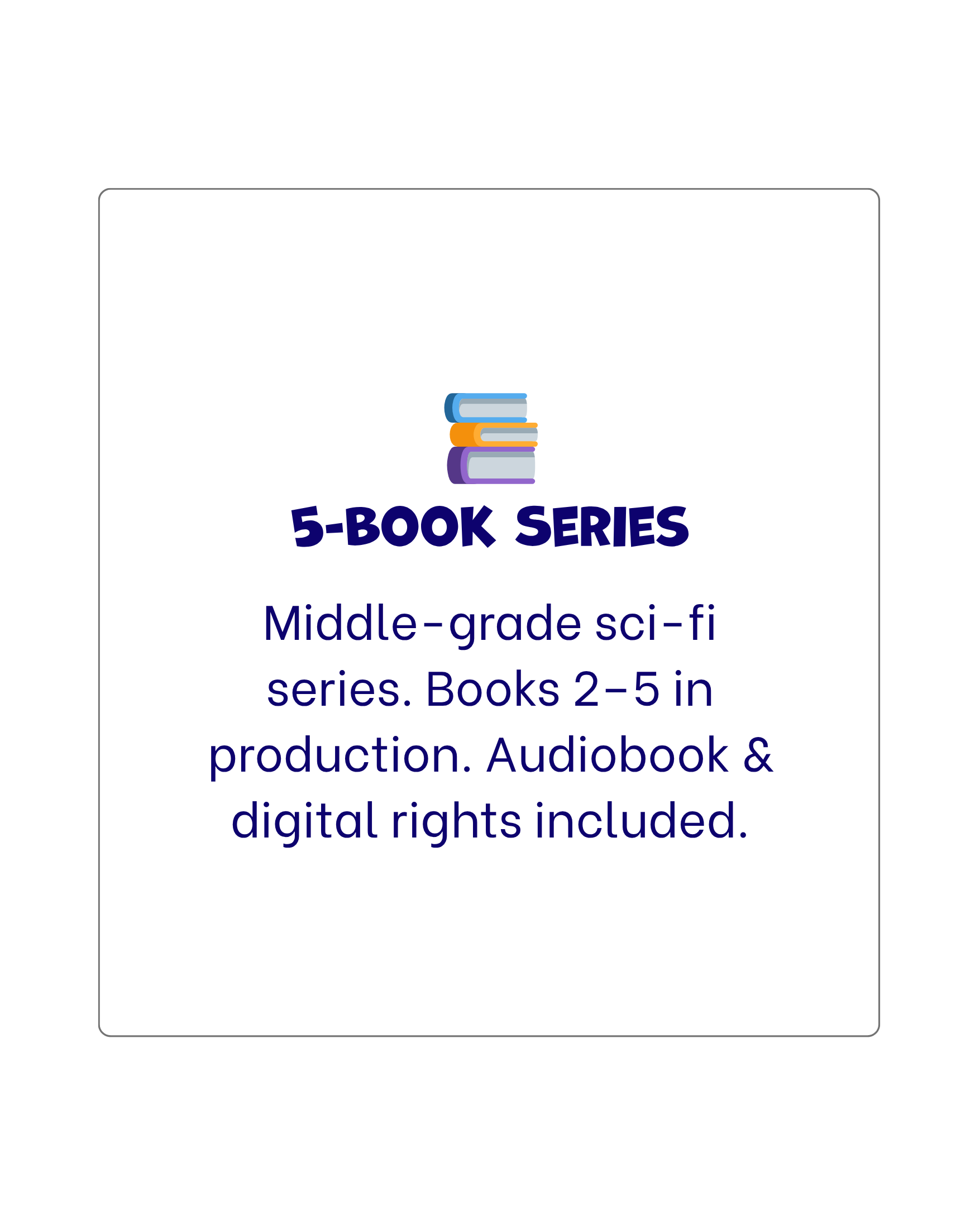 Cover of a book description flyer featuring a stack of five colorful books and text about a middle-grade sci-fi book series with 2 to 5 books in production, including audiobook and digital rights.