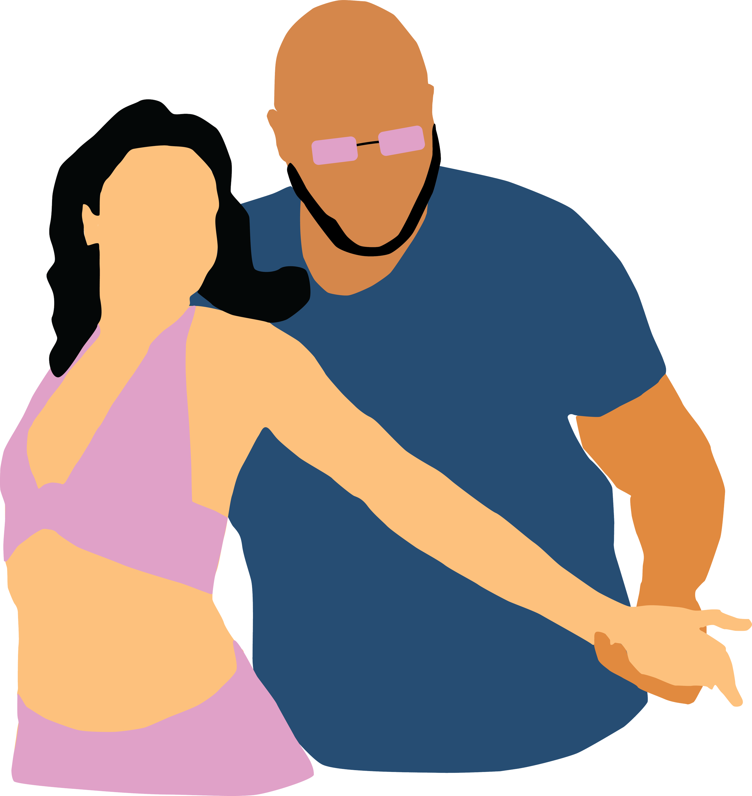 Digital illustration of a man and woman in a close, intimate pose, with the man wearing glasses and the woman wearing a pink dress.
