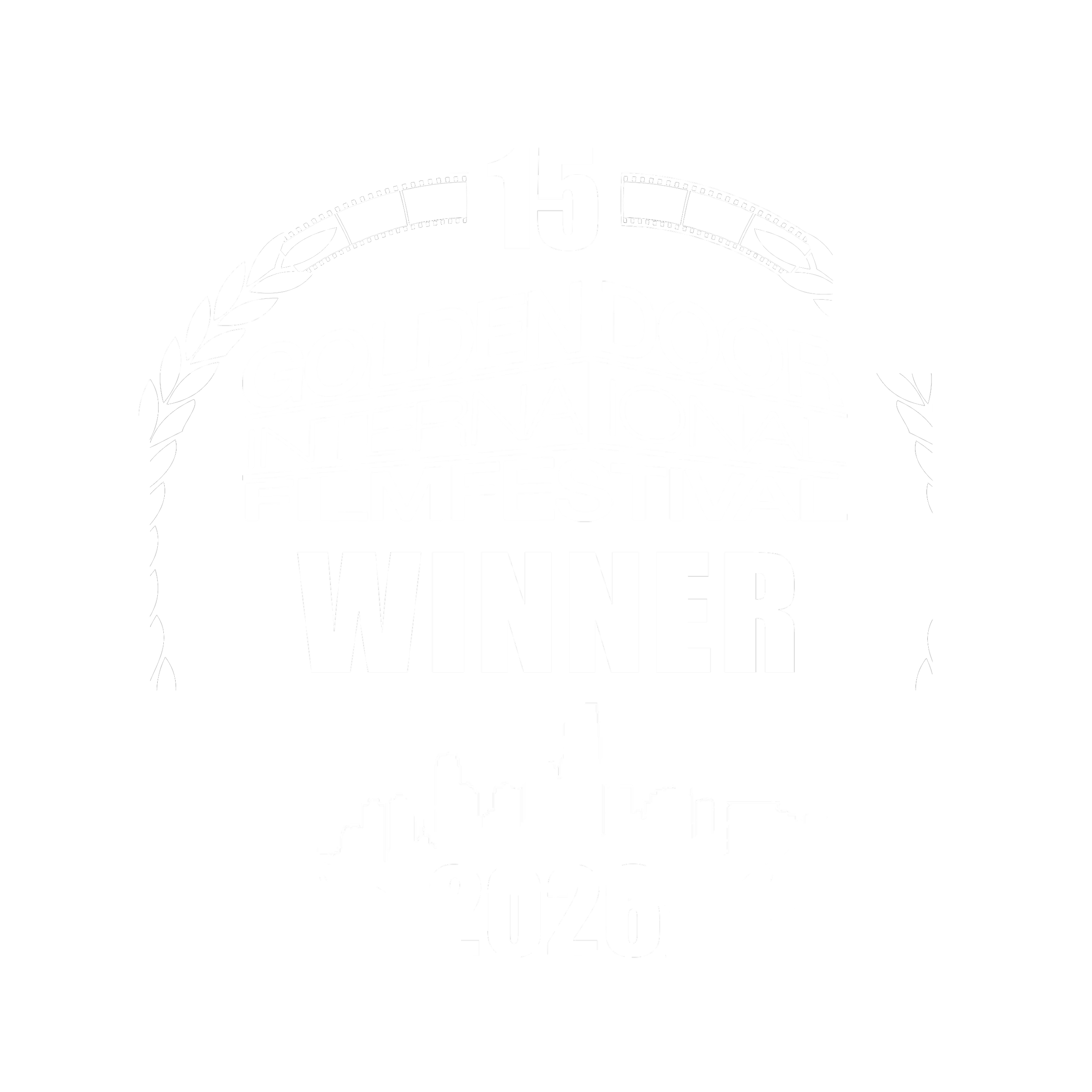 Black and white award logo with the text '15 Golden Door International Film Festival Winner 2020' surrounded by a laurel wreath and city skyline outline.