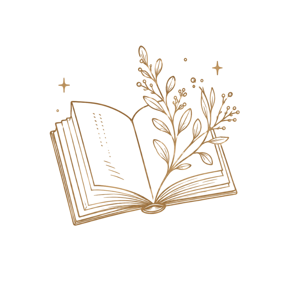 A decorative illustration of an open book with plant leaves and branches emerging from its center, surrounded by small stars on a black background.