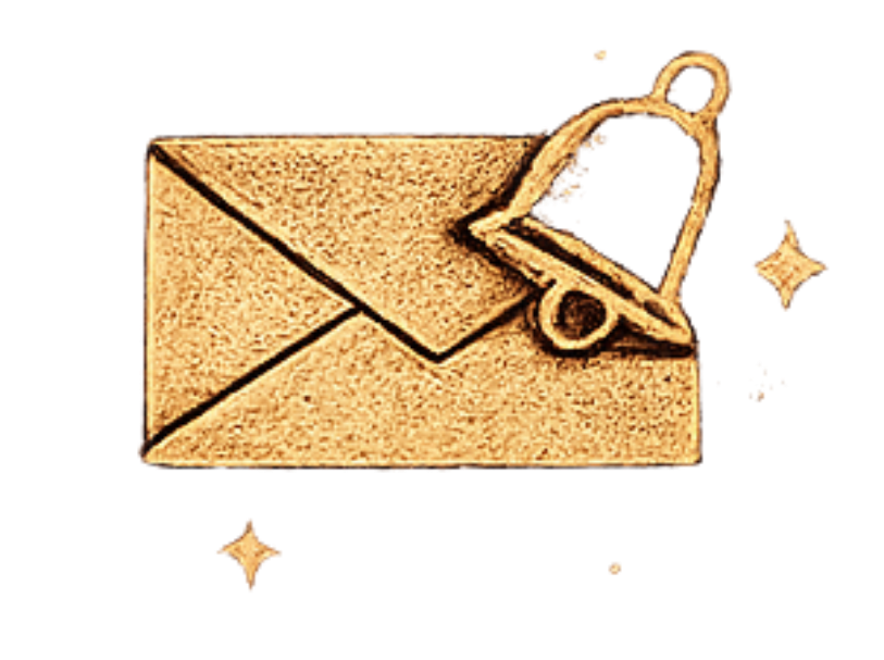 Gold-colored envelope with a gold bell and star decoration.