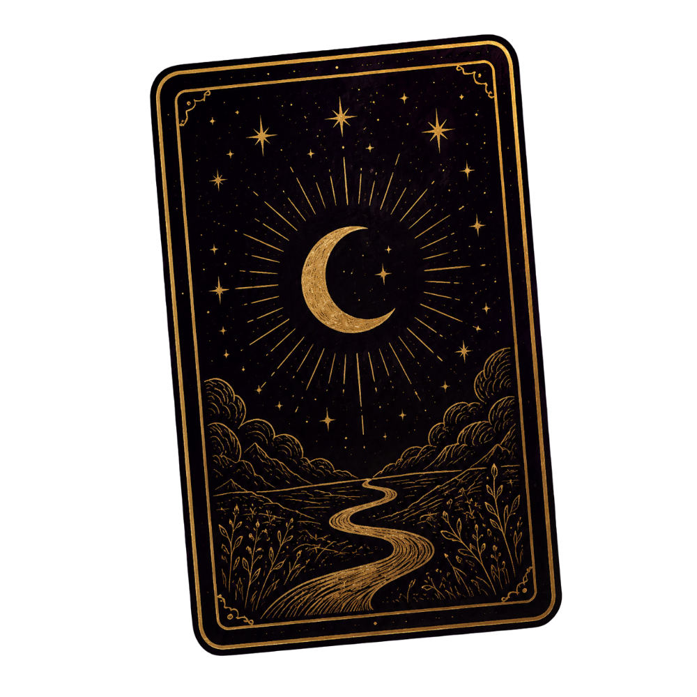 A tarot card with a black background and gold illustrations of a crescent moon, stars, clouds, mountains, and a winding river.