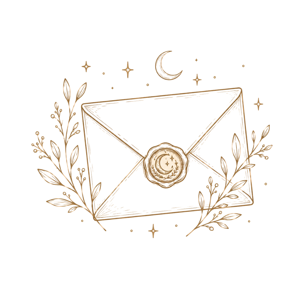Decorative drawing of an envelope with a wax seal featuring a crescent moon and stars, surrounded by branches and stars, with a night sky and crescent moon above.