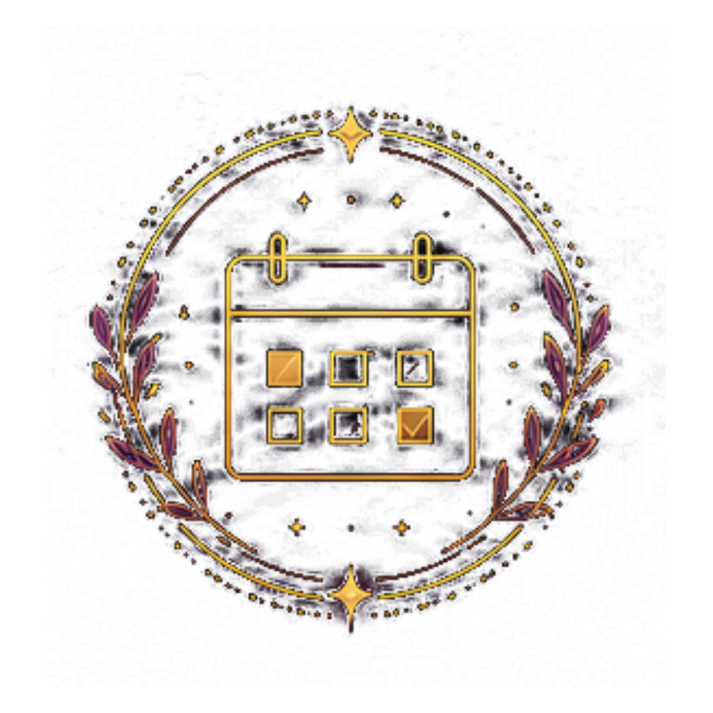 Neon illustration of a calendar inside a circular laurel wreath with stars, set against a dark background.