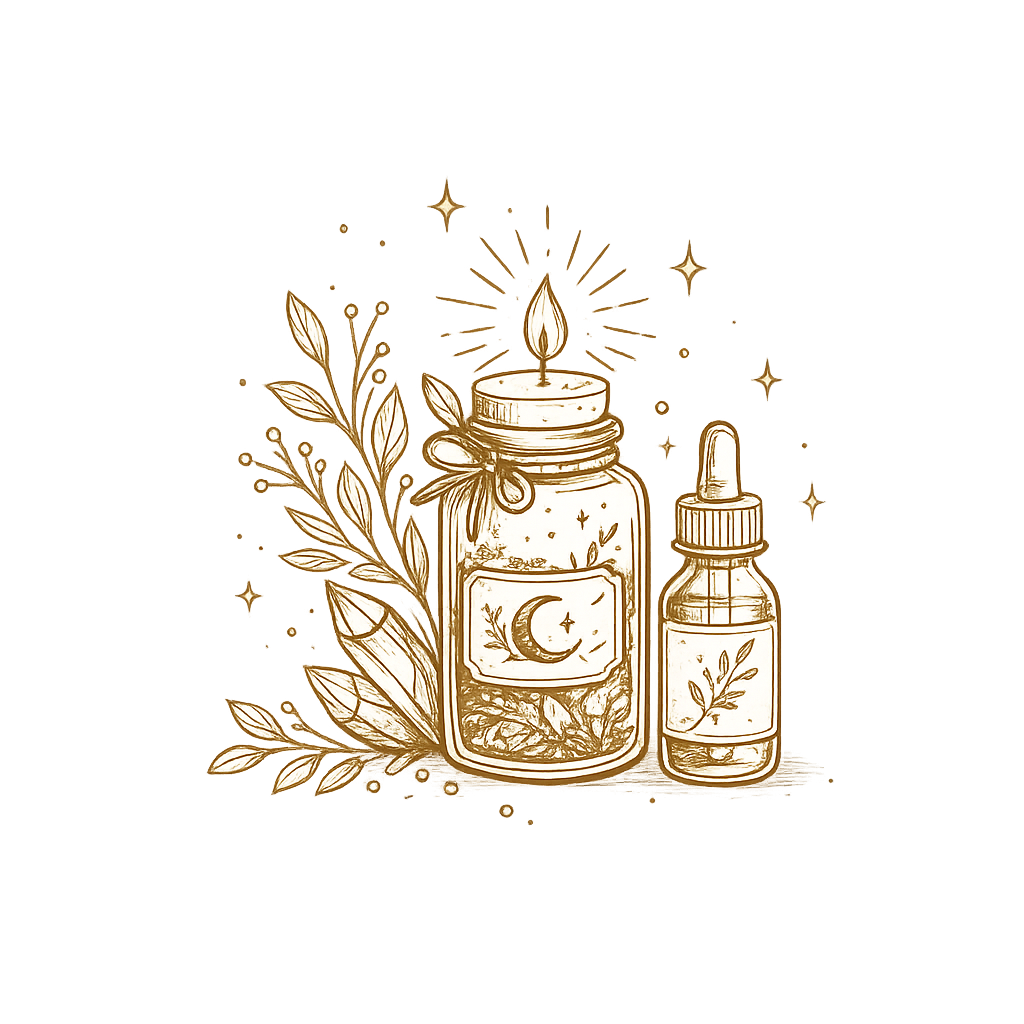 Hand-drawn illustration of a candle jar with a flame, a smaller dropper bottle, and botanical elements, all glowing with a soft golden light.