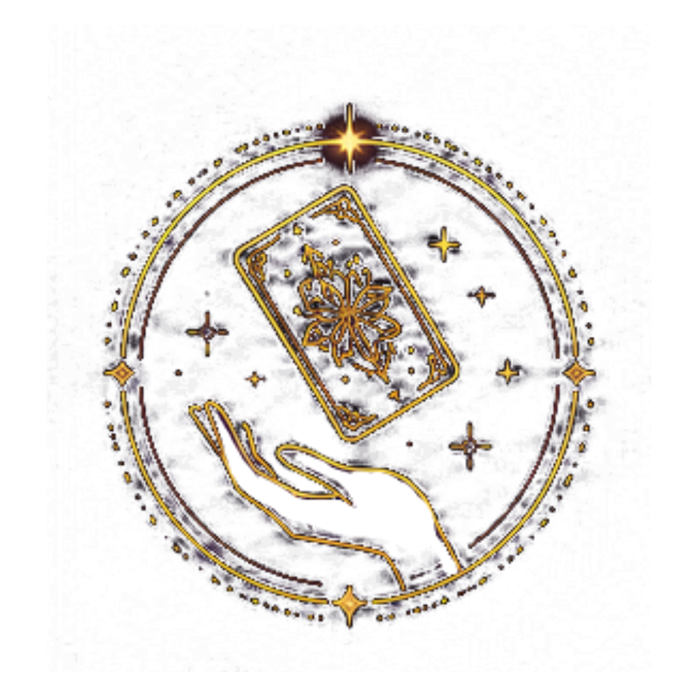 A stylized, glowing digital illustration of a hand holding a tarot card with a floral design, surrounded by celestial stars and a circular border, in gold and purple tones on a black background.