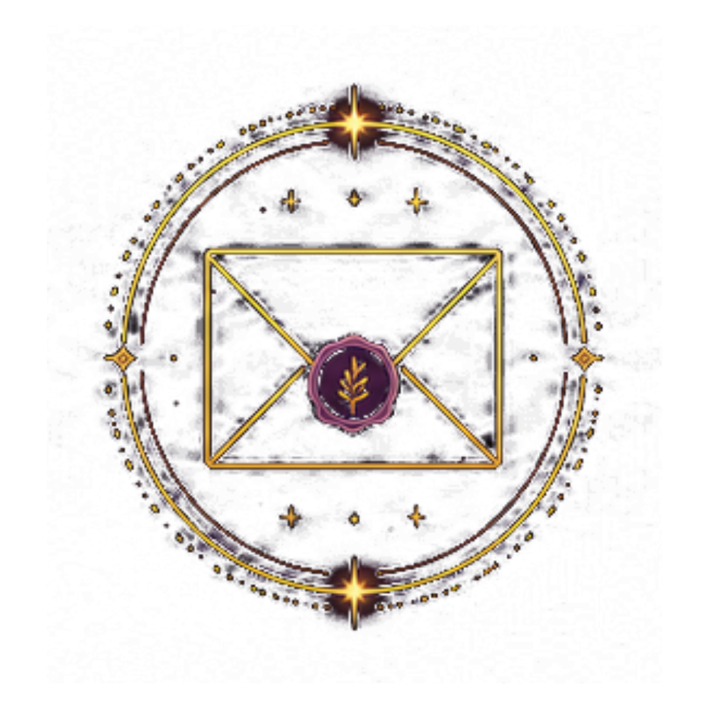 A mystical, glowing golden circle with a star, stars, and dotted patterns surrounds a geometric design featuring a square and diagonal lines, with a purple wax seal with a plant symbol in the center, set against a black background.