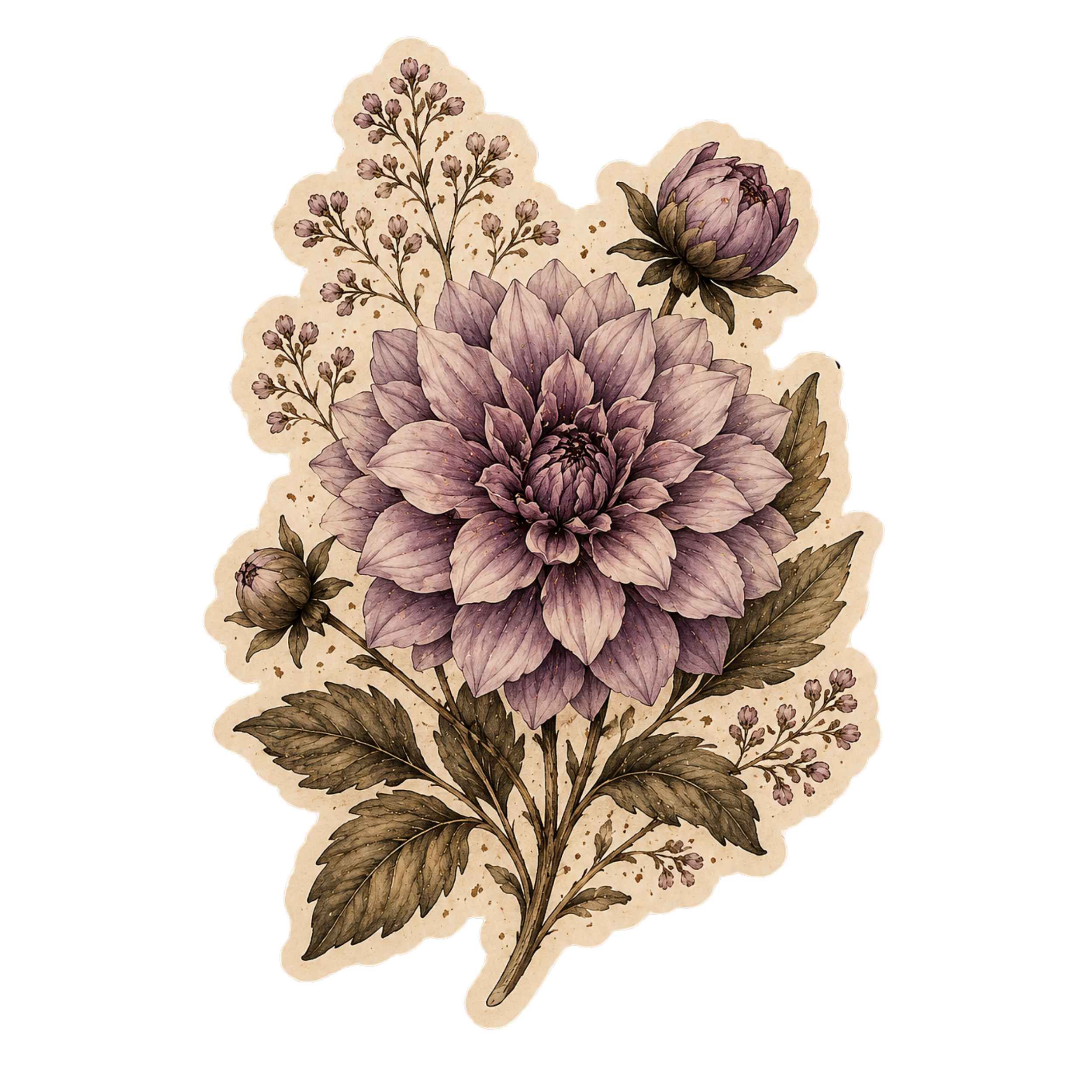 Illustration of a large purple flower dahlia, with smaller pinkish flowers and green leaves on a textured beige background.