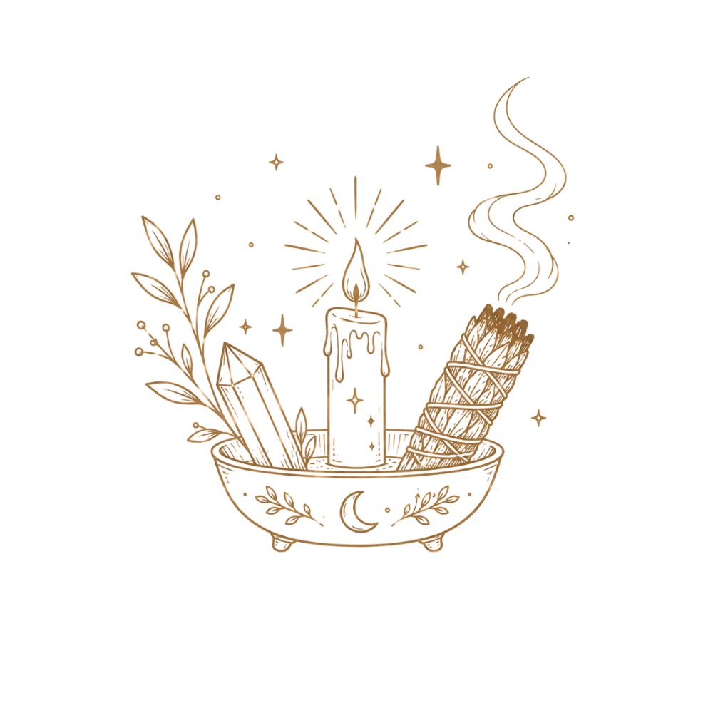 Decorative illustration of a candle, incense, and herbs in a bowl, with stars, a moon, and sparkles around.