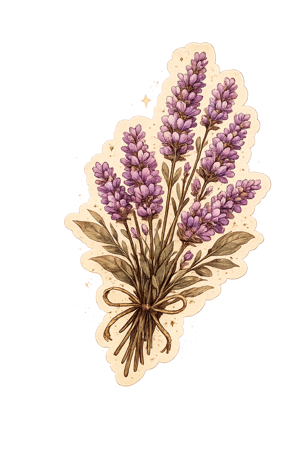 Illustration of a bundle of lavender flowers tied with a string, featuring purple blooms and green leaves.