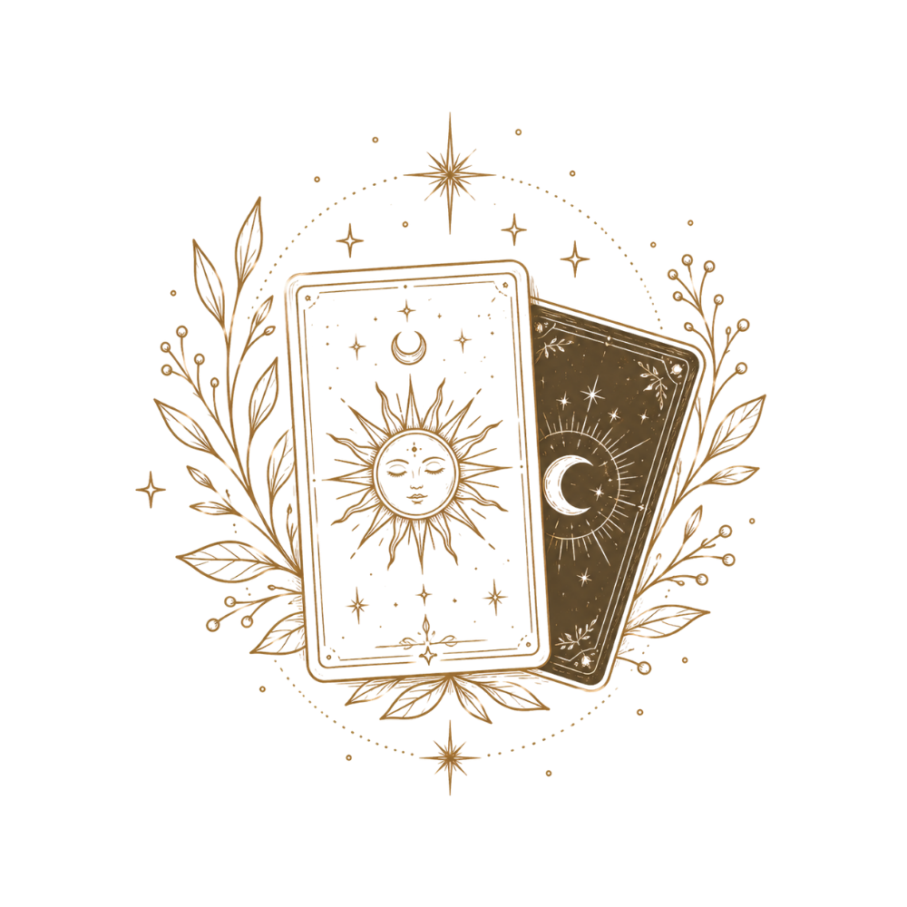 A gold decorative tarot card with celestial symbols, surrounded by a laurel wreath and a lit candle