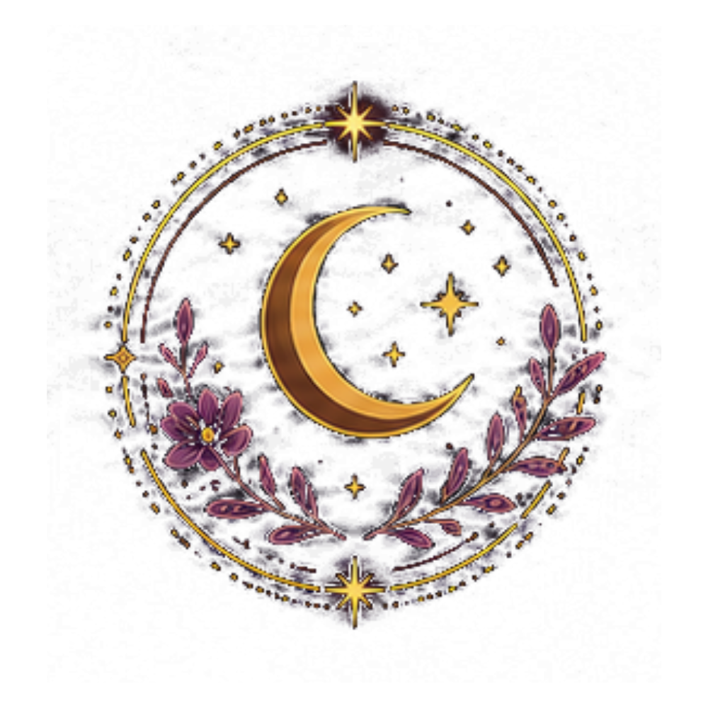 A decorative illustration featuring a gold crescent moon surrounded by purple flowers, leaves, and stars on a black background.
