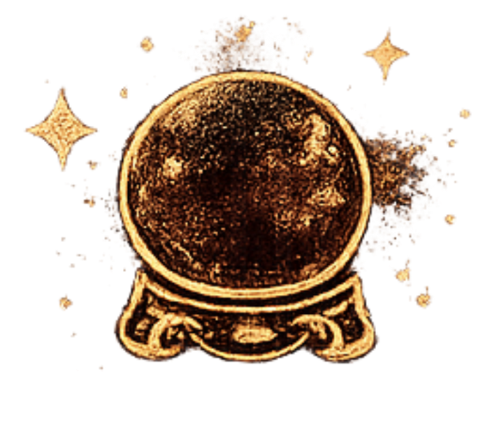 Illustration of a crystal ball on an ornate stand with stars around it.