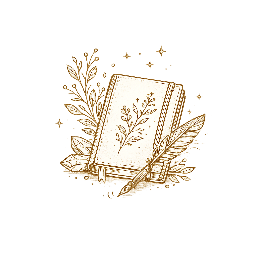A vintage-style illustration of a closed book with a botanical illustration on its cover, surrounded by leaves, a quill pen, and sparkling stars.