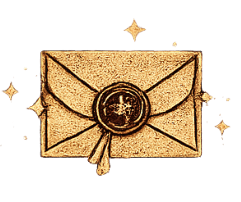 Golden envelope with a wax seal, surrounded by sparkling stars.