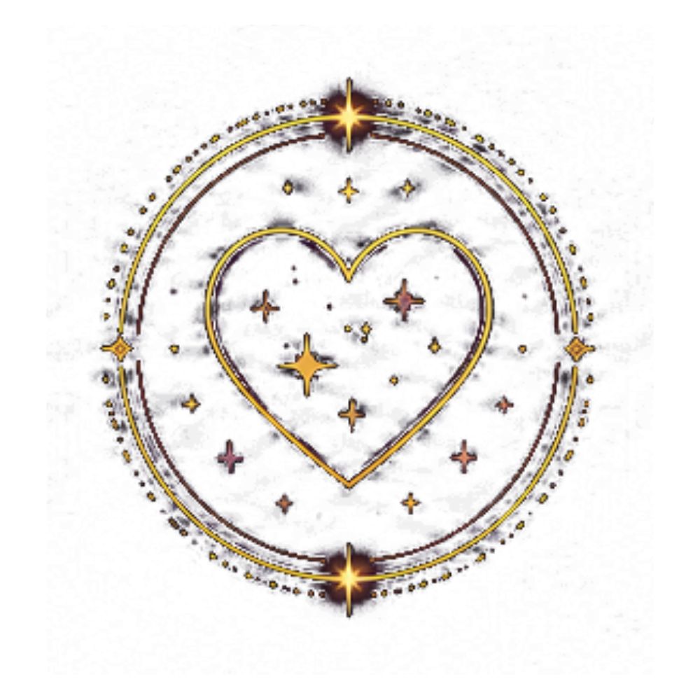 A glowing golden heart surrounded by stars and a circular border with a radiant star at the top and bottom, set against a black background.