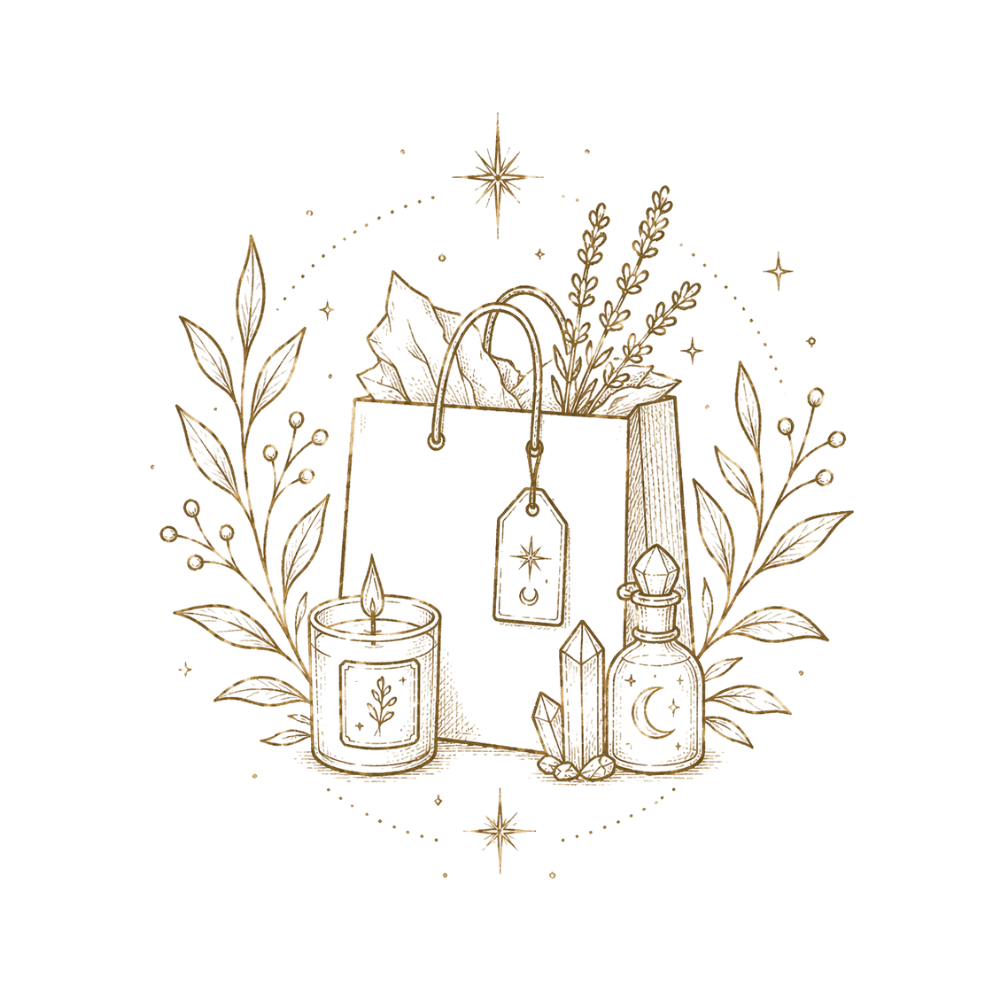 Golden mystical illustration with a tarot card, candles, herbs, and celestial symbols, evoking spiritual or magical themes.