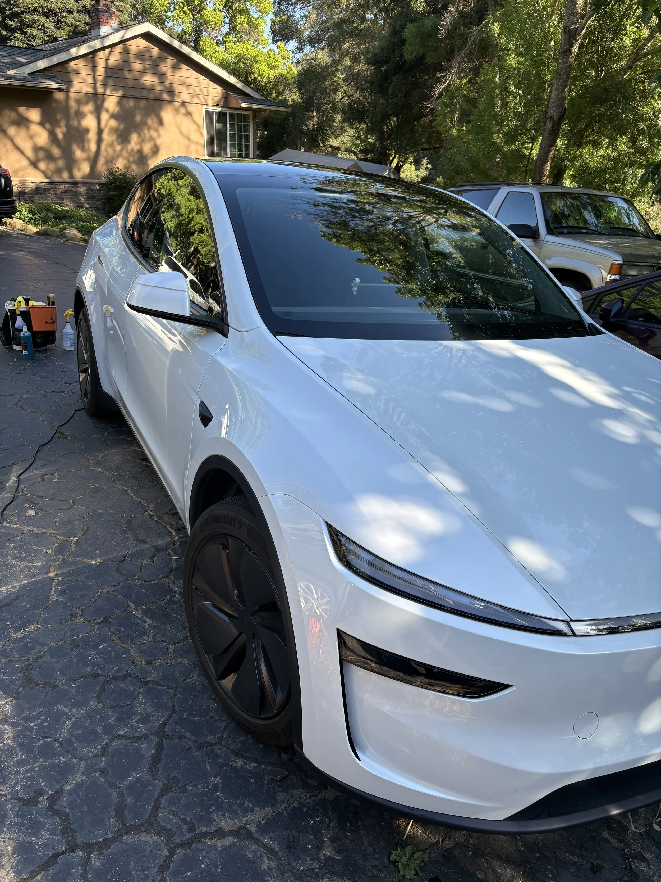A white Tesla car parked on a driveway, with cleaning supplies on the ground next to it. There are trees and a house in the background.