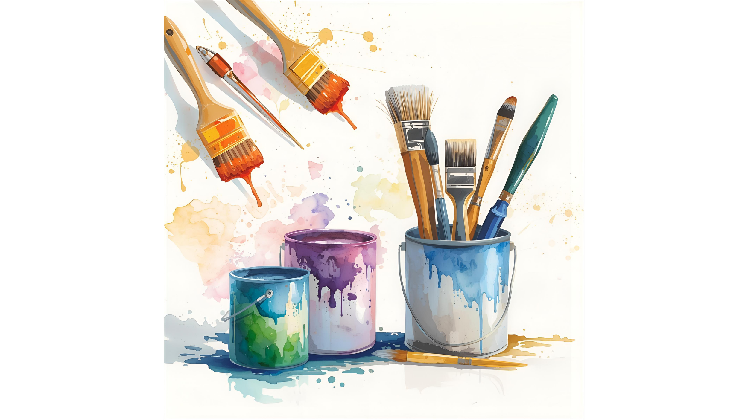 Assorted paint brushes and paint cans with colorful splashes on a white background.