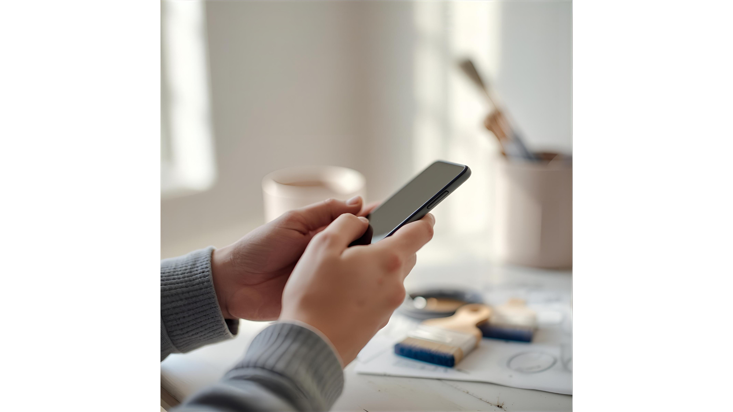 Person holding a smartphone with a blurred workspace in the background, including a cup, scissors, a paintbrush, and other craft supplies on a white surface.